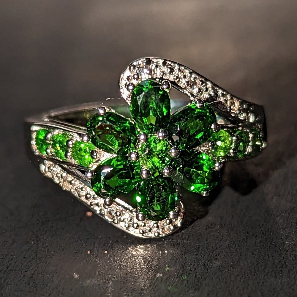 Size 6 flower shaped Russian Chrome Diopside ring with white topaz details